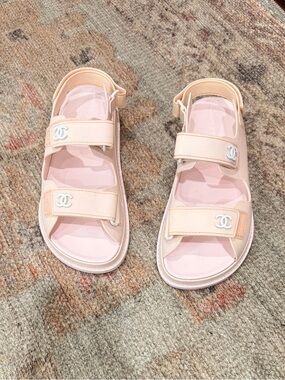 CHANEL Pale Pink-Beige Velcro CC Strap Sandals